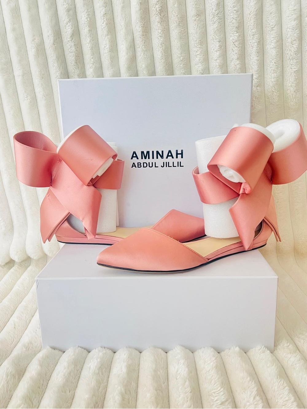 Aminah Abdul-Jillil Coral Ribbon Ankle-Strap Flats